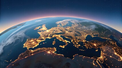 Fototapeta premium Dazzling Earth from space at night, illuminating Europe's vibrant cities against a starry sky