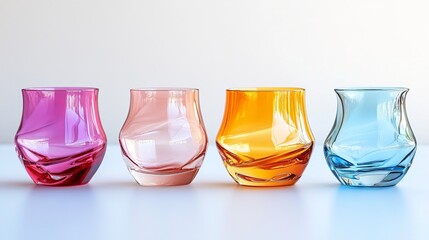 Colorful glass tumblers arranged on a table with soft lighting showcasing vibrant hues in a minimalist setting