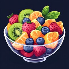 Fresh fruit bowl with strawberries, blueberries, oranges, kiwi, and mint on a dark background