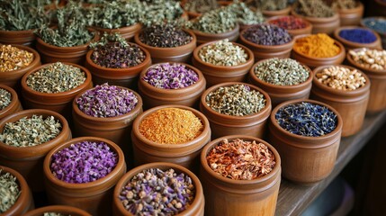 Colorful array of dried herbs and spices displayed in wooden bowls at a market in vibrant setting