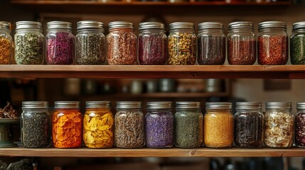 Colorful jars filled with various herbs and spices displayed on wooden shelves in a cozy shop environment
