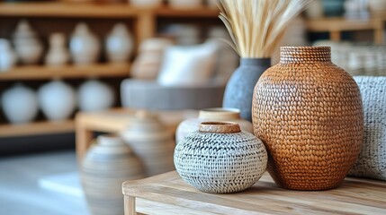 Decorated interior showcasing woven baskets and vases in a modern home setting