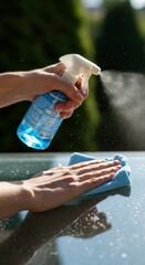 Cleaning with Spray Bottle and Microfiber Cloth on Glass Surface in Sunlight.