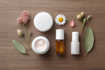 Natural skincare assortment: minimalist creams, oils, and botanical elements arranged on wood for beauty and wellness inspiration.