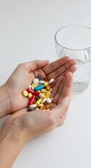 Colorful Pills in Hands with Water Glass Medication and Wellness Concept.