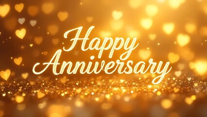 Elegant golden "Happy Anniversary" text with sparkling hearts and bokeh lights. Perfect for greeting cards, digital invitations, and romantic celebration designs