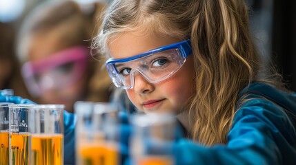 Young girl experiments with colorful liquids in a science lab during a hands-on activity with classmates