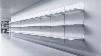 Empty shelves in a modern store interior showcasing minimalistic design and available space for product display