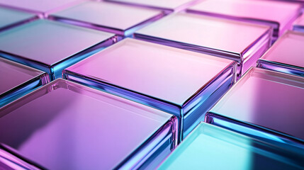 Array of iridescent glass cubes in purple and blue hues showcasing a geometric pattern