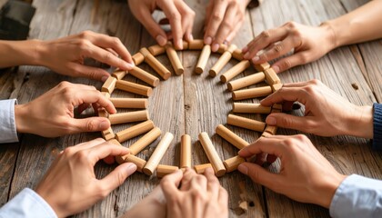 Collaborative Circle Hands Building Wooden Ring on Rustic Table.