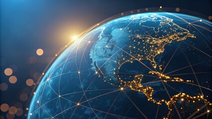Global network connections illuminate Earth at night, symbolizing digital connectivity and worldwide communication.