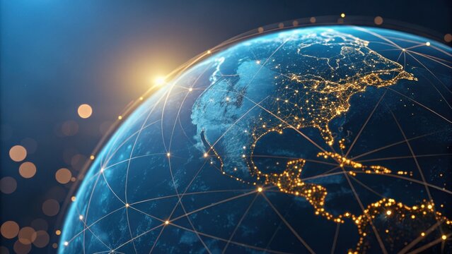 Global network connections illuminate Earth at night, symbolizing digital connectivity and worldwide communication.