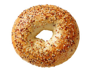 A delectable everything bagel with sesame seeds and spices on a transparent background perfect for breakfast or a snack