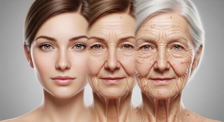 The Journey of Time: A striking visual narrative unfolds, charting the transformative course of aging through a series of close-up portraits of a woman's face.