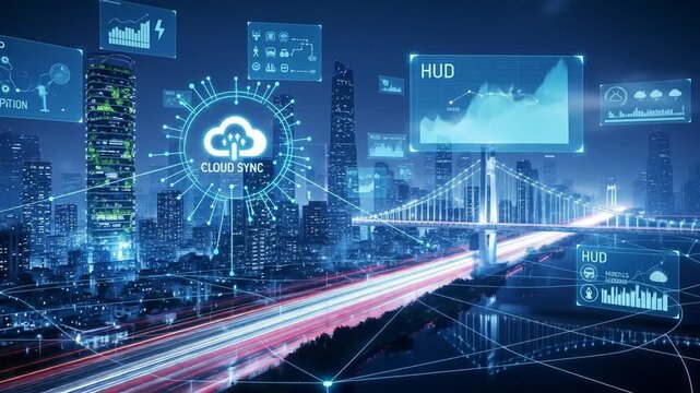 animated futuristic smart city skyline with overlaid floating digital data, HUD icons, traffic flow, cloud sync interface elements, glowing at night