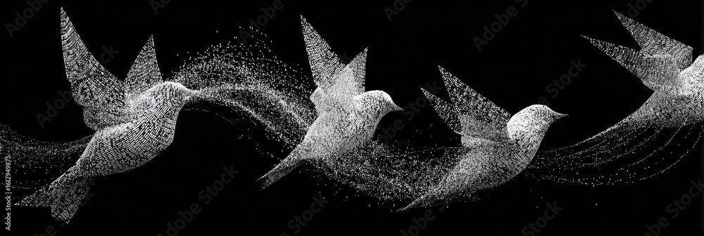 Poster origami birds transform into digital code with a flowing path capturing the essence of flight in a m