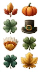 Fall themed stickers featuring leaves, pumpkin, clovers, and a hat for autumn celebrations and decorations