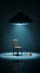 Lonely Chair in Rain Under Storm Cloud