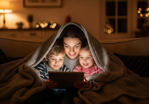 Cozy Moments: A mother and her children share a heartwarming moment, snuggled together under a blanket while engrossed in a tablet, illuminated by the soft glow of indoor lighting.