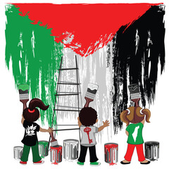 Palestinian Children Painting a large Palestine Flag on the Wall Vector Illustration