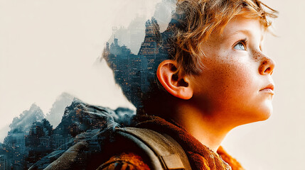 Boy looks up with double exposure of dark mountains and city on white background - Generated with AI