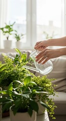 Gentle Hydration Woman Watering Indoor Plants with Glass Pitcher in Bright Home.