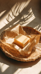 Soap bar unwrapped from wax paper on rattan tray in golden hour sunlight