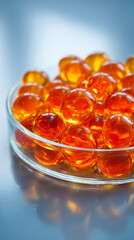 Round oil capsules on petri disk, minimal lab background for nutrition research