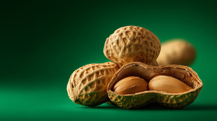 Close up of Shelled And Unshelled Peanut Arranged Artfully On Teal Background, copy space