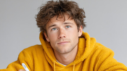A thoughtful young man in a cozy yellow hoodie, gazing up with a contemplative expression while writing with a pen.