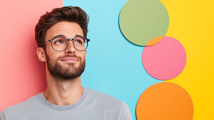 A thoughtful young man wearing glasses, smiling gently against a vibrant, multicolored background, reflecting a cheerful vibe.