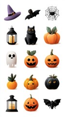 Halloween themed decorations featuring pumpkins, bats, ghosts, and witches' hat for festive celebrations