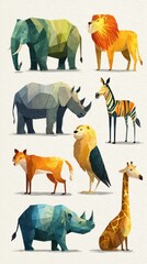 Colorful geometric animal illustrations featuring diverse wildlife from savannah and jungle habitats