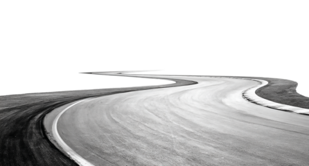 A winding asphalt road with a white line curves into the distance on a transparent background