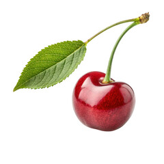 Single cherry with leaf isolated on transparent background