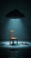 Lonely Chair in Rain Under Storm Cloud
