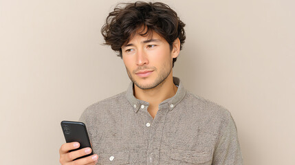 A young man with curly hair, dressed casually, looking at his smartphone, embodying modern lifestyle and technology.
