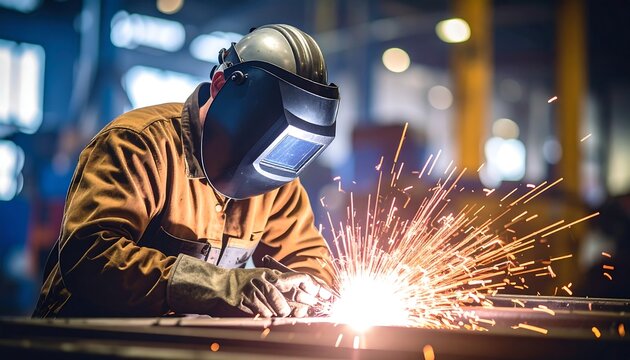 A welder, wearing protective gear, skillfully operates a welding torch, sparks flying