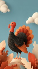 Colorful turkey stands proudly among autumn leaves and clouds in a whimsical setting