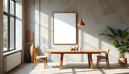 japandi dining room interior, vertical frame mockup, oak table against textured wall in minimal style
