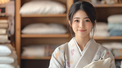 A young woman in a traditional kimono poses gracefully, showcasing cultural heritage and elegance within a serene, cozy environment.