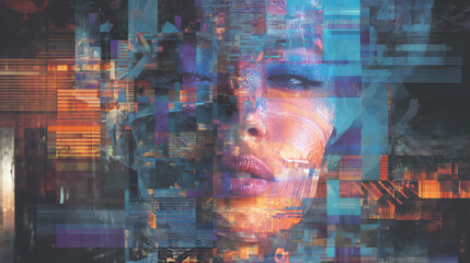 An abstract representation of a futuristic woman's face, blending colors and shapes, symbolizing digital transformation and innovation.