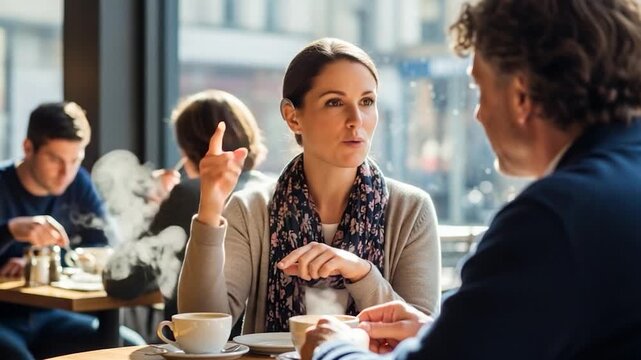 A woman gestures while conversing with a man, seated at a cafe table.