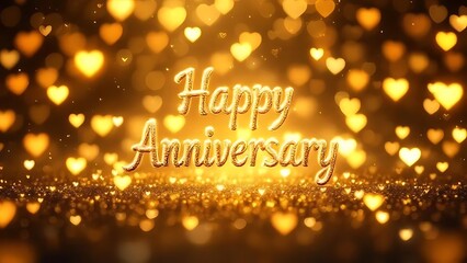 Luxurious golden anniversary text accented with shimmering hearts and dreamy bokeh lights. Perfect for wedding cards, digital invites, and romantic celebration themes