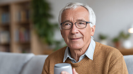 An elderly man with glasses enjoys a warm drink in a cozy setting, showcasing comfort and serenity in everyday moments.