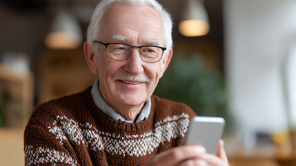 An elderly man with glasses smiles while holding a smartphone in a cozy setting, embodying warmth and connection in modern life.