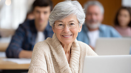An elderly woman smiles confidently in a classroom setting, embracing lifelong learning and modern technology.
