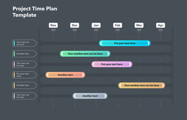 Project time plan template with six project tasks in time intervals - dark version. Can be used for your website or presentation.