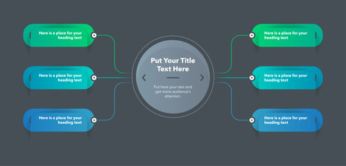 Flowchart infographic with central circle and six colorful options - dark version. SImple flat chart design with thin lines for website or data presentation.