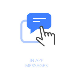 Simple visualised in app messages icon symbol with a human hand tapping on a push notification.